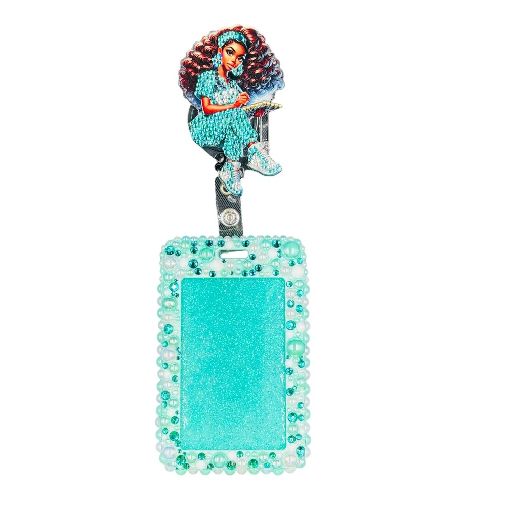 Bling Pearl Fashion Work Name Badge ID Card Holder & Retractable Reel Clip Teal